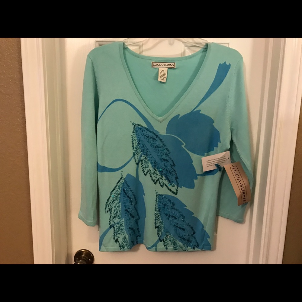 Lucia Burns Blue Aqua Sequins Beads Top Medium NWT