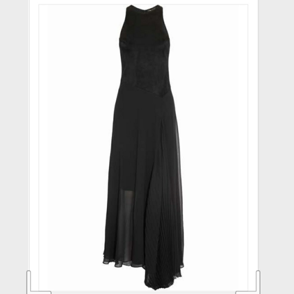 MAJE BLACK GRELOT FAUX SUEDE AND CHIFFON MAXI