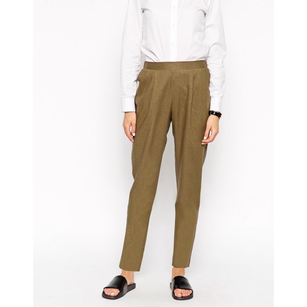 Olive Linen Trousers Pleated Peg Pants Green ASOS