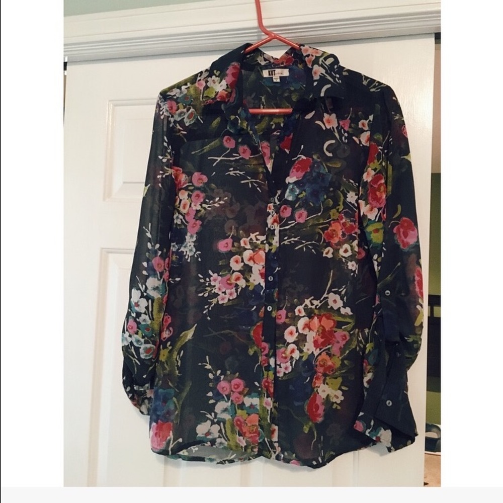Navy, pink, green floral sheer blouse.