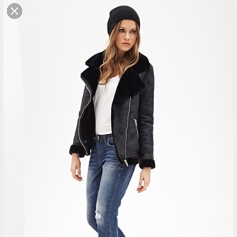 Black shearling and leather Moto jacket