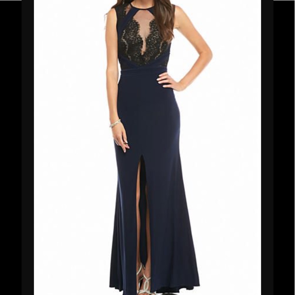 Xscape Navy, black gown