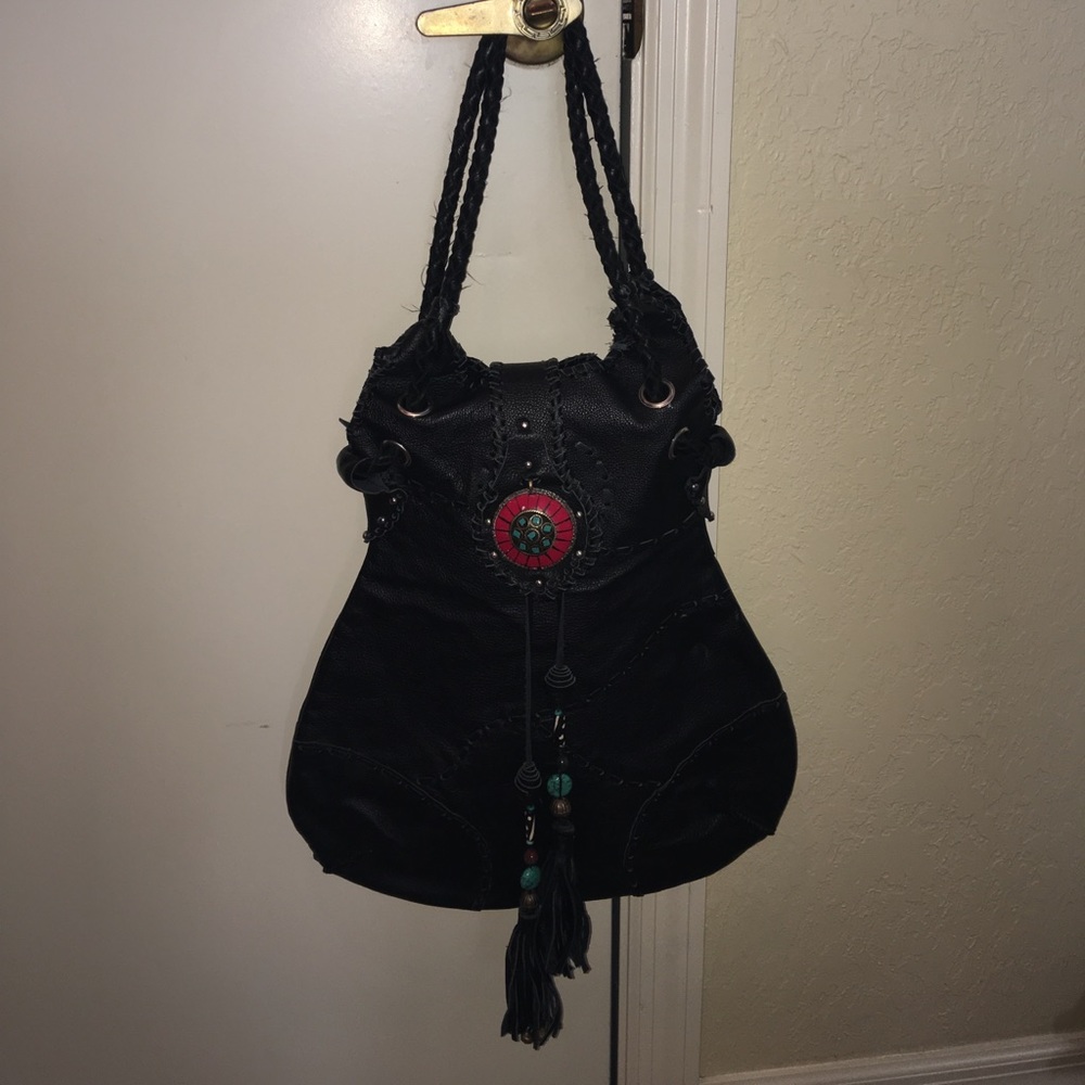 Handmade cowhide/ stone/ beads tassels leather bag