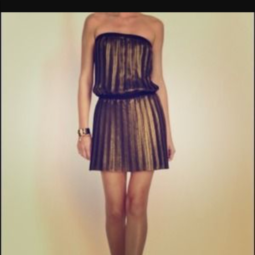 BCBG gold/black strapless pleated dress