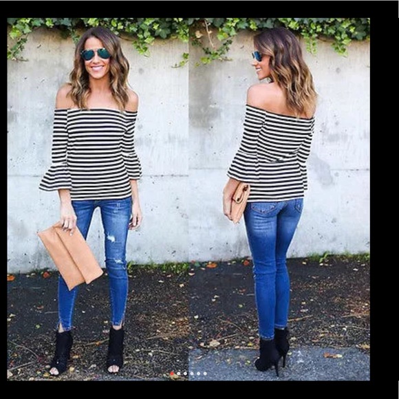 🦋Off the shoulder stripped b & w🦋 S/M - Picture 2 of 6