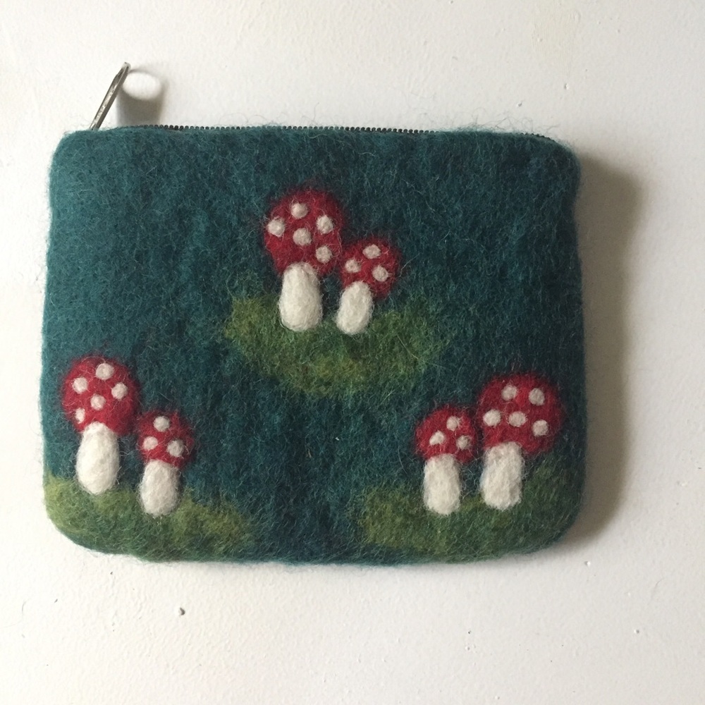 Wool pouch with mushroom print