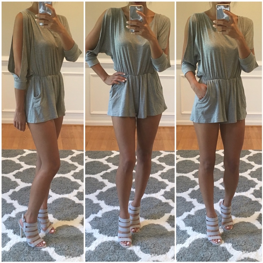 NWT. Grey tshirt Romper w/ pockets + open sleeves