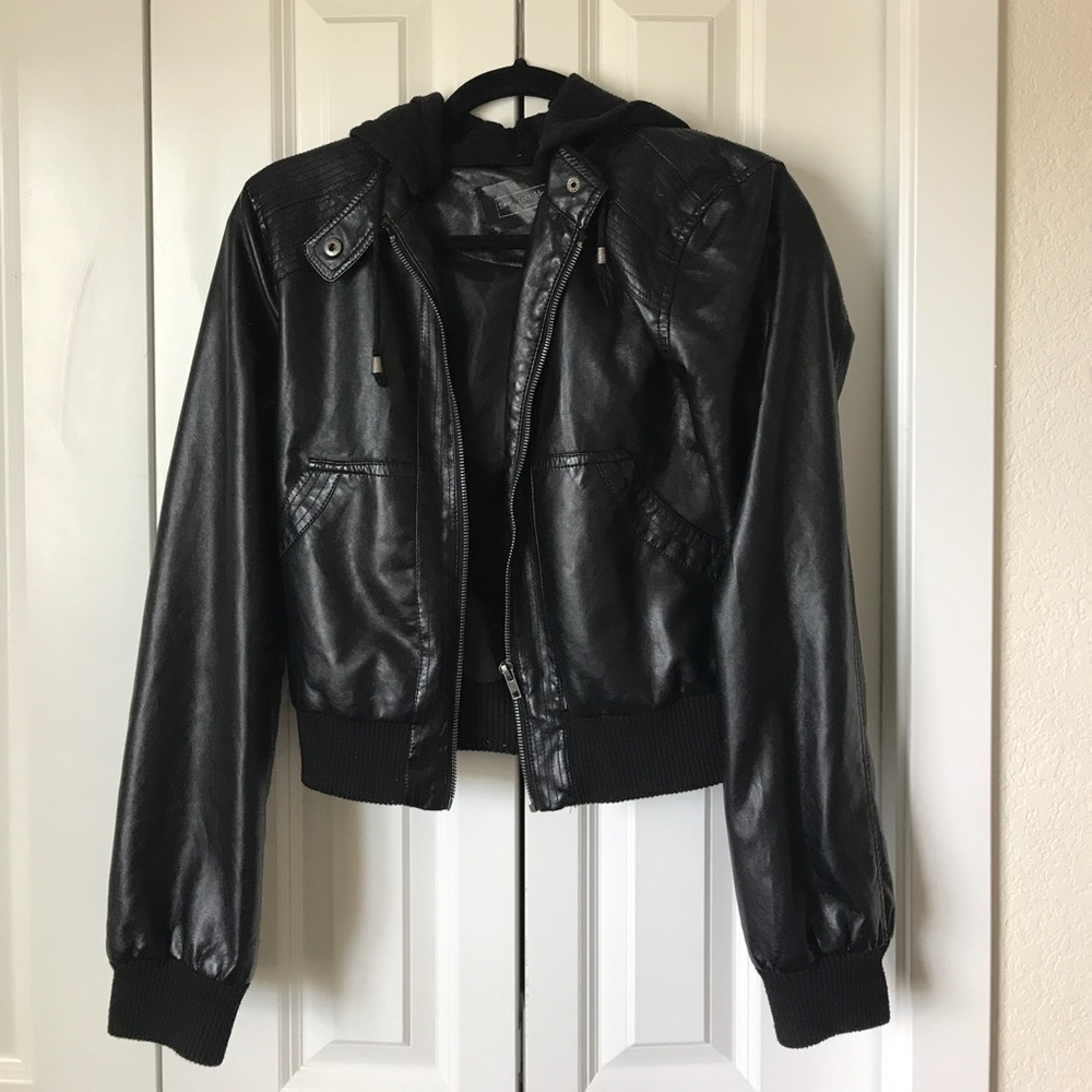 Black hooded leather jacket