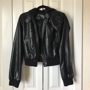 Black hooded leather jacket