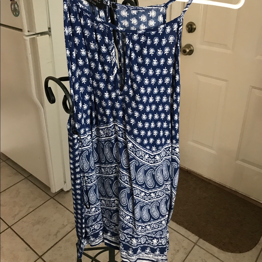 Blue and white patterned blouse