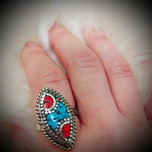 Tibetan Hippie Handmade Turquoise and Coral Ring