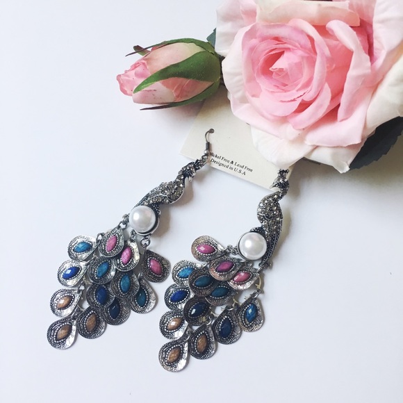 Jewelry - Antique Silver Toned Peacock Earrings
