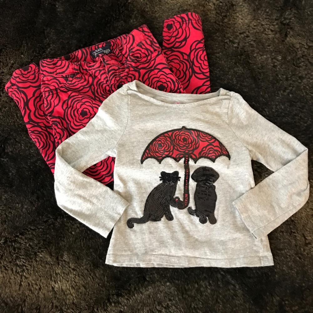 Outfit - Kitten & Puppy + Red Floral Jeans