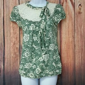 Charlotte Russe Green Cream Lace Floral Blouse Top