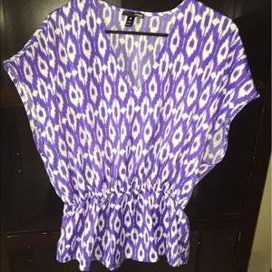 Purple & White print cinched waist Blouse