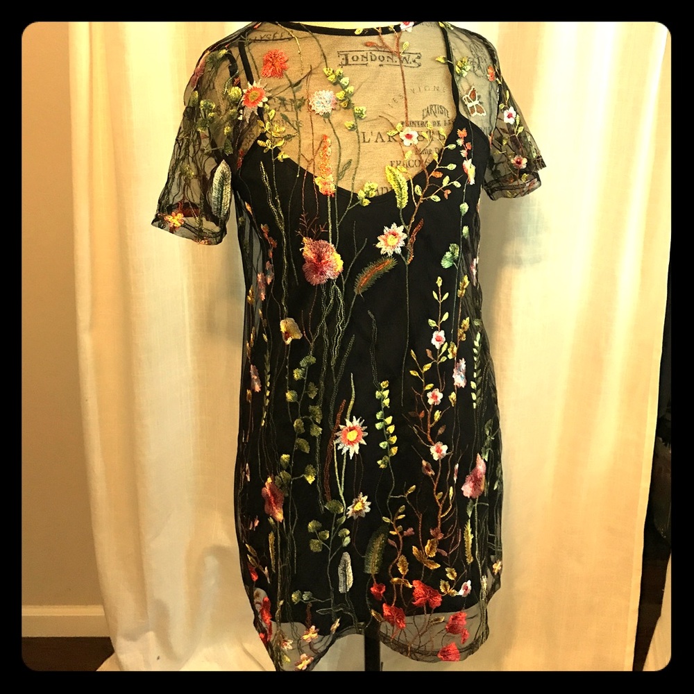 Floral Embroidered Overlay Dress
