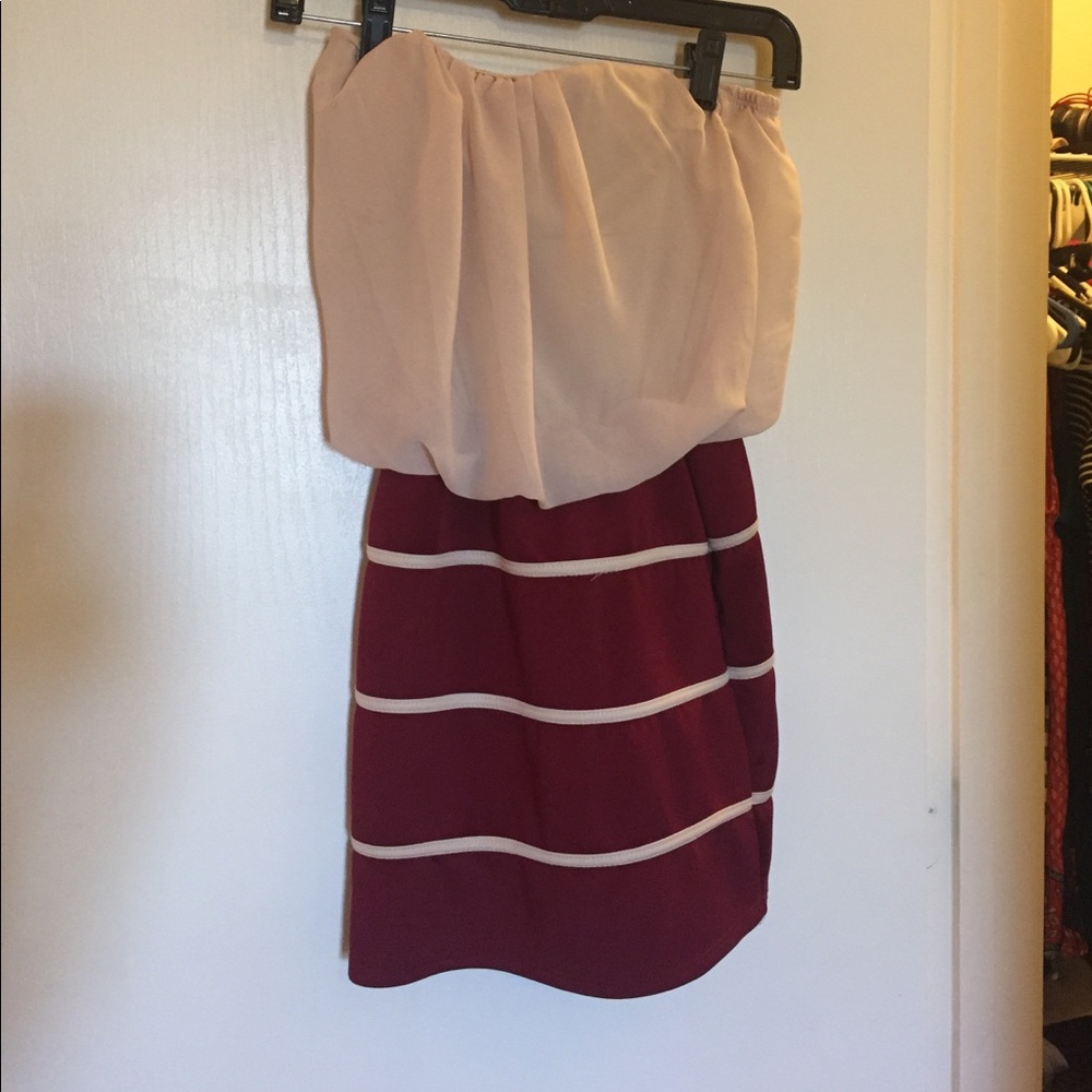 Strapless maroon and tan dress