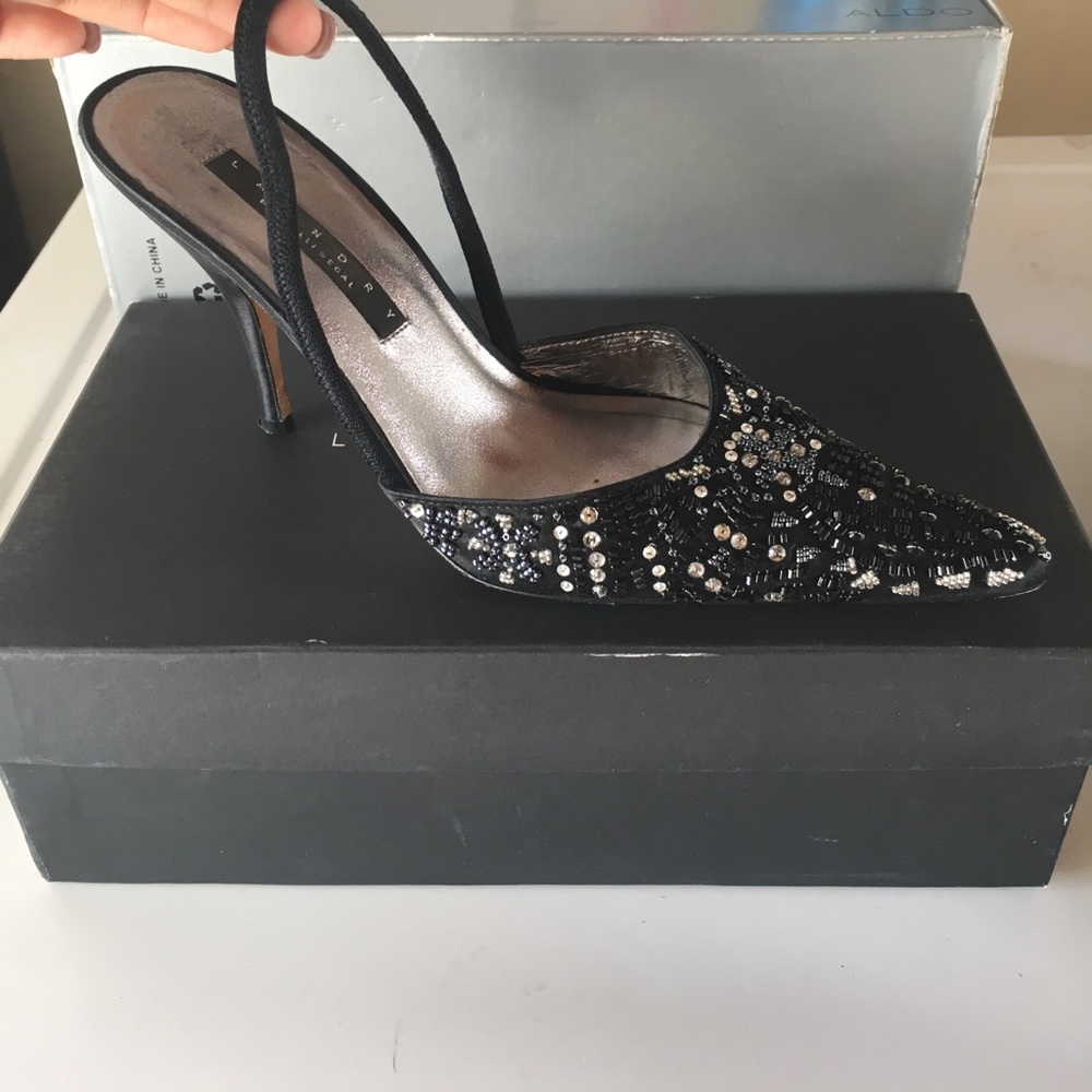 Laundry black silk beaded leather heels size 7