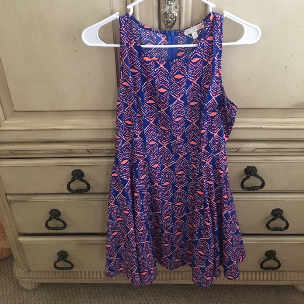 Orange and blue fit and flare dress