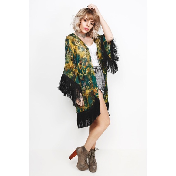 Handmade Floral Kimono/Shawl with Fringe