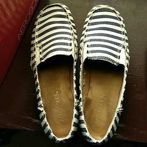 Blue and white stripped loafers. Never worn!