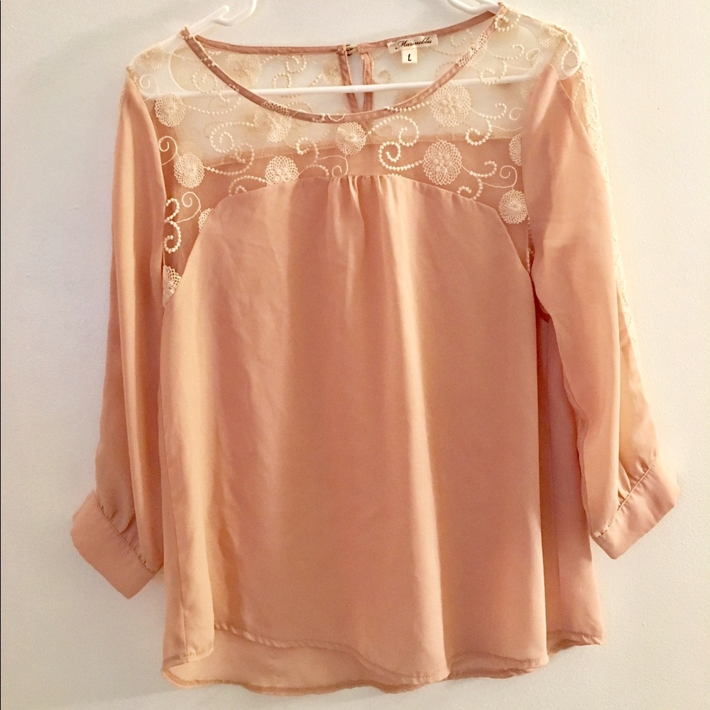 Sheer blush pink lacy blouse.