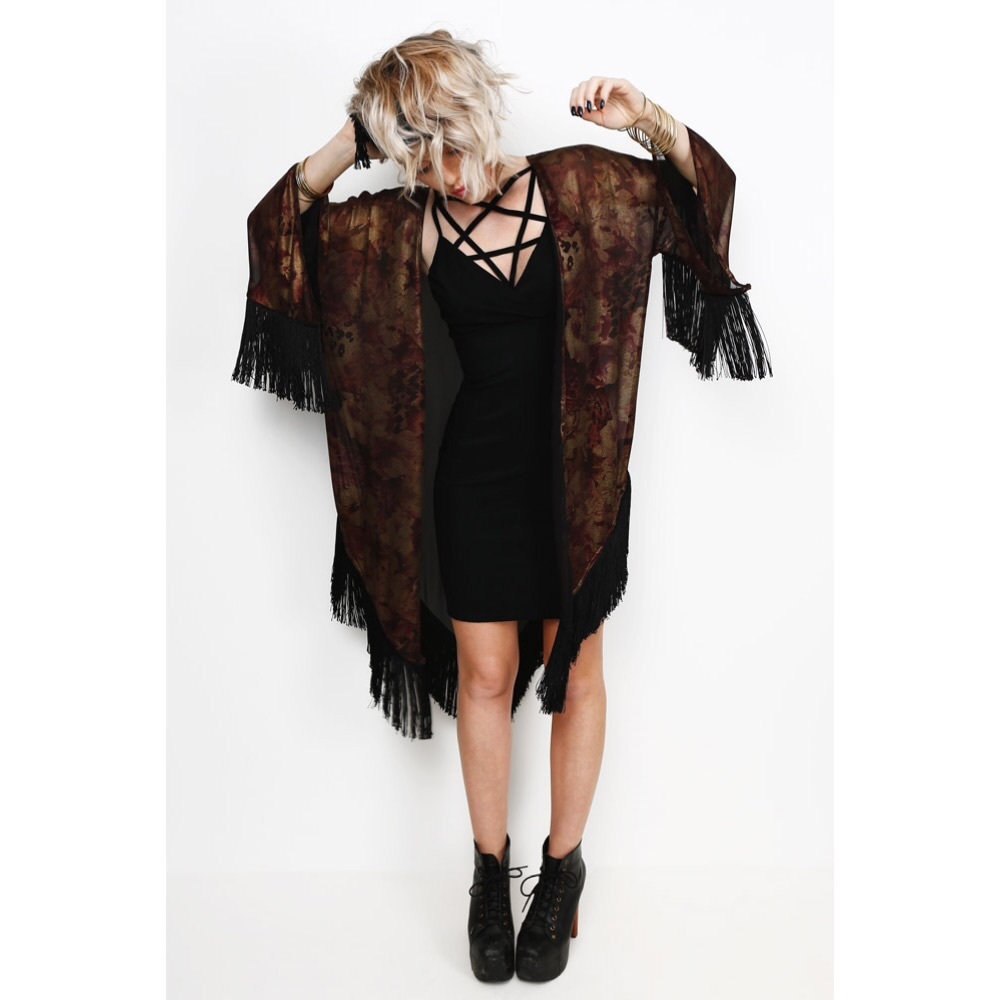 Handmade Red/Gold Floral Kimono/Shawl with Fringe