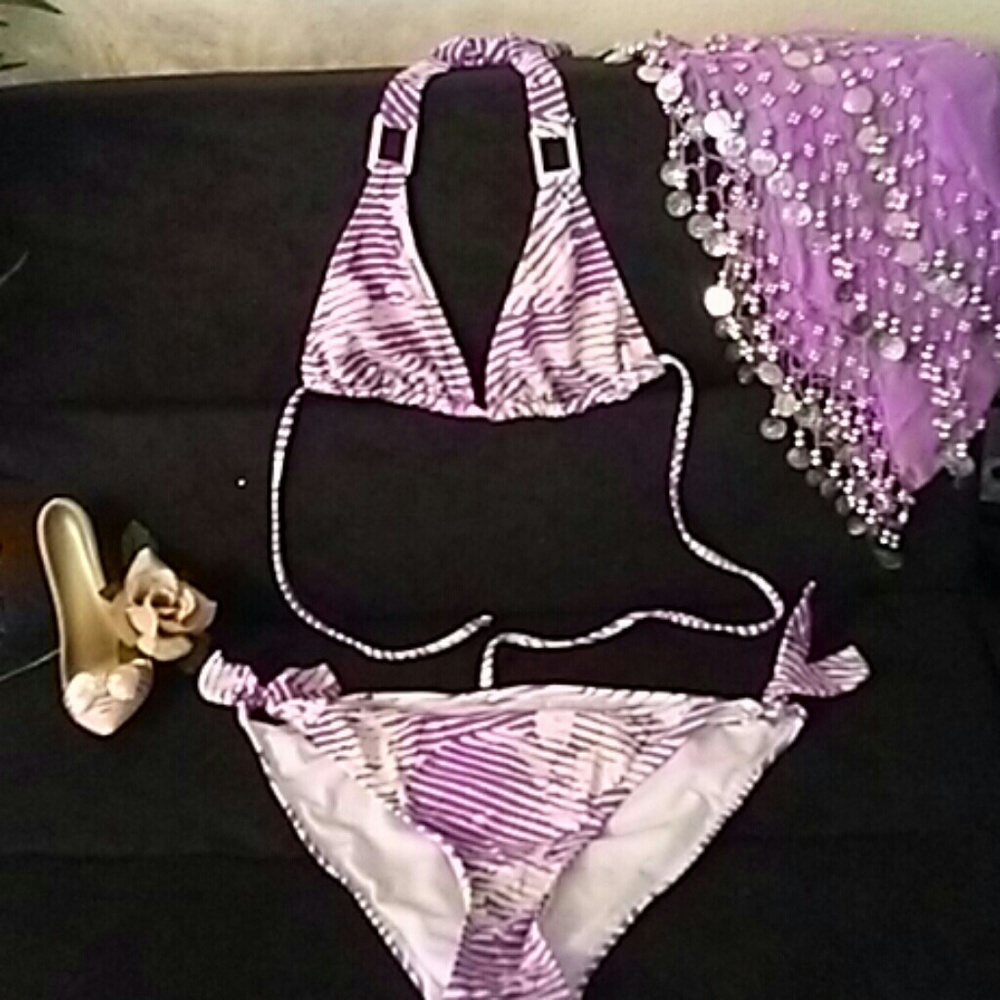 PURPLE & WHITE BIKINI WITH COVER UP