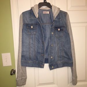 Jean Jacket with sweatshirt sleeves and a hood