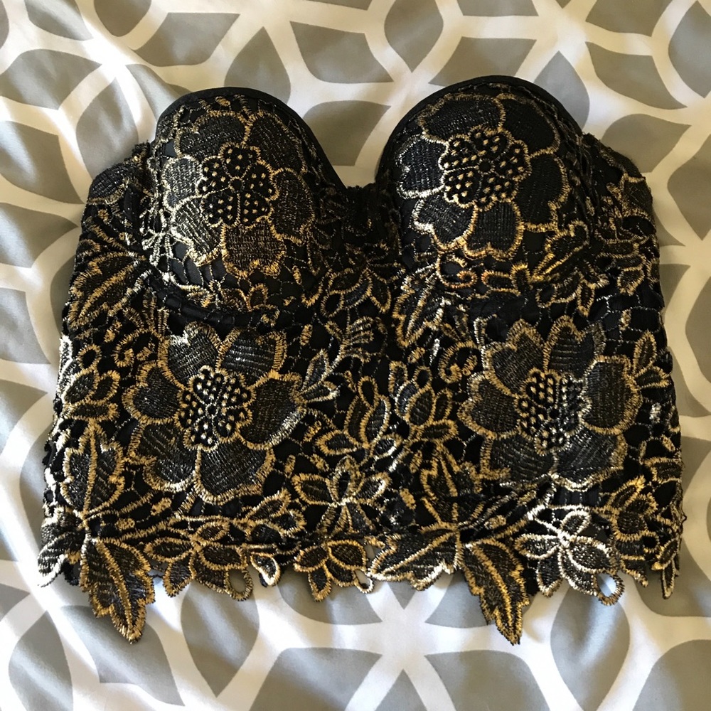 Gold Metallic and Black Lace Corset Top