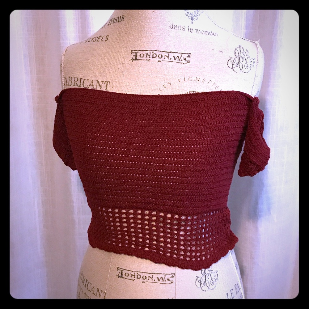Burgundy Off The Shoulder Crochet Crop Top
