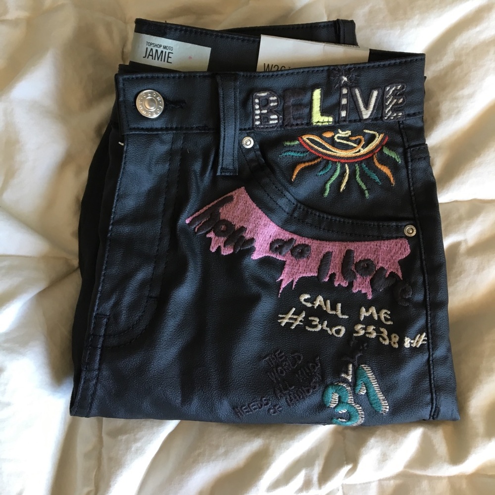 Embroidered Topshop Leather Pants