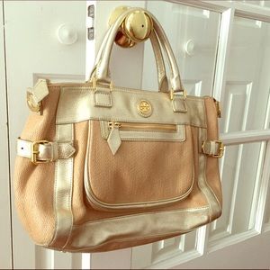 Tory Burch gold leather and weave shoulder bag