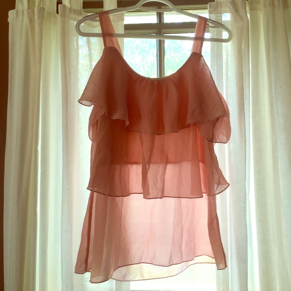 Partly sheer pink ruffled tank top