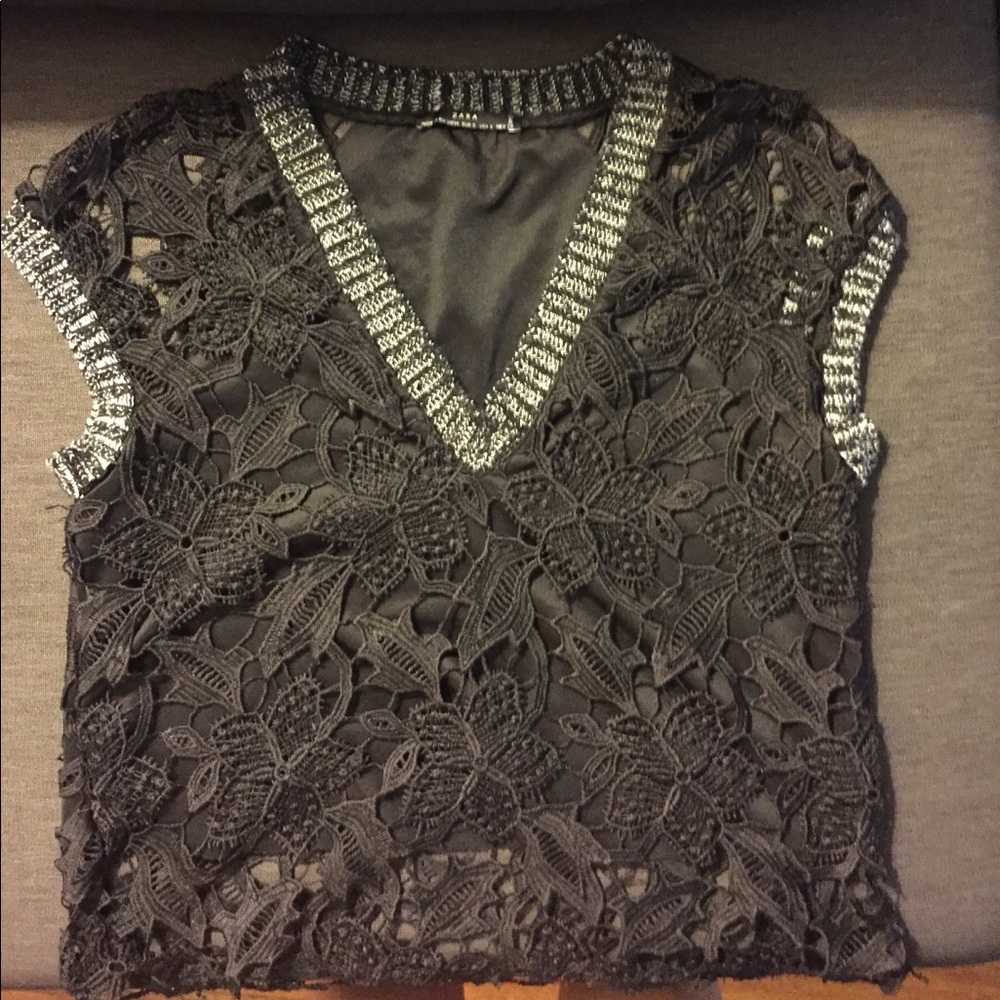 Zara black lace top with sweater trim