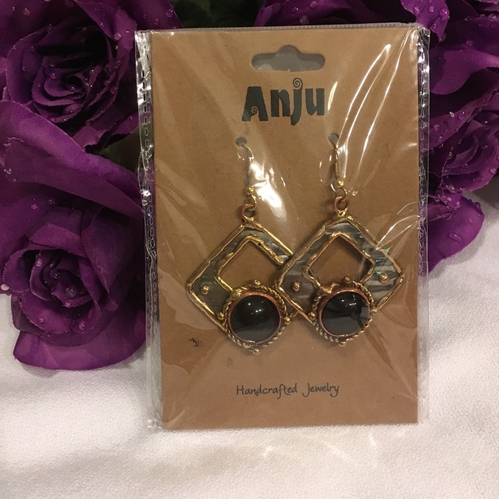 Black Onyx Tri Tone Earrings