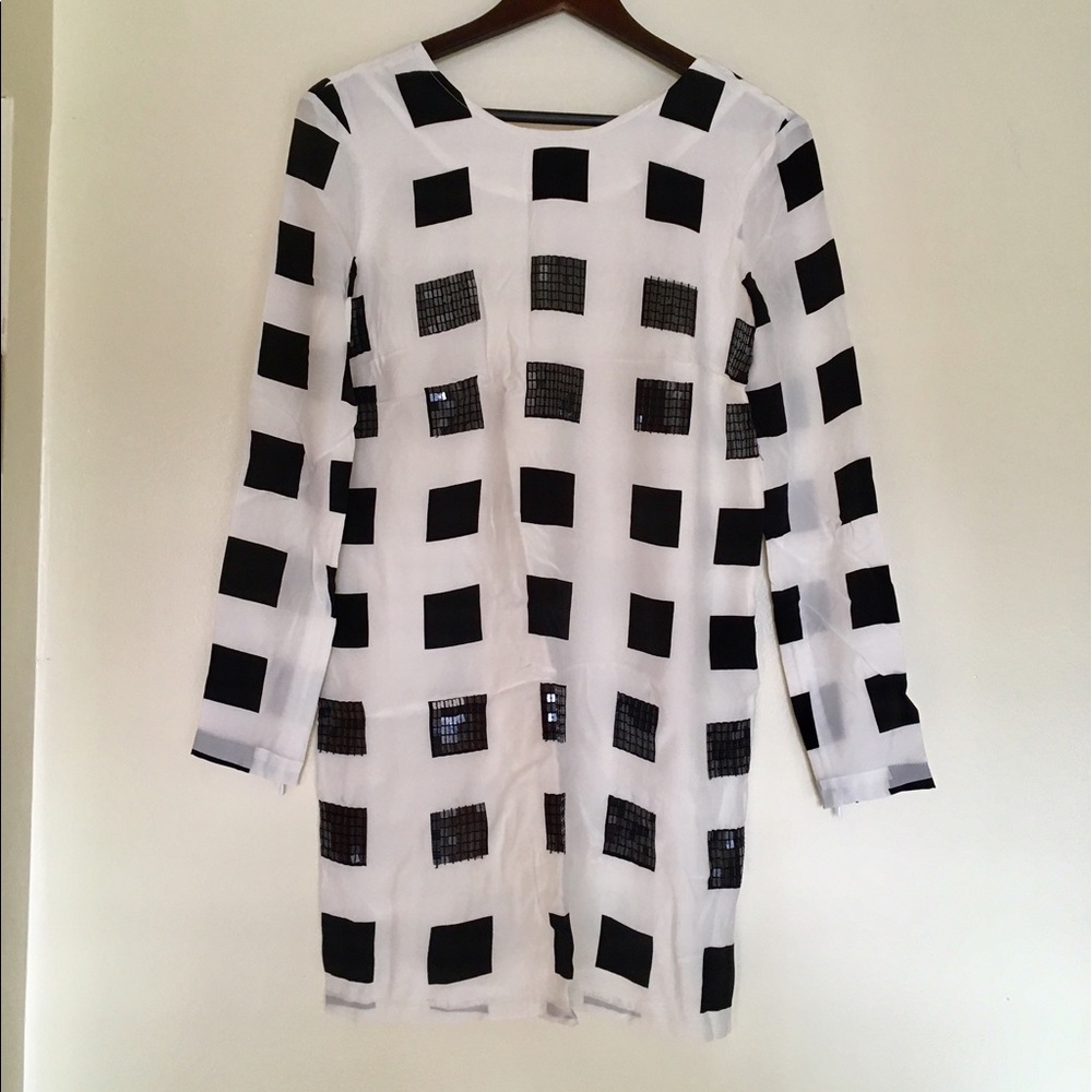 New Black and White Check Sequin Silk Shift Dress