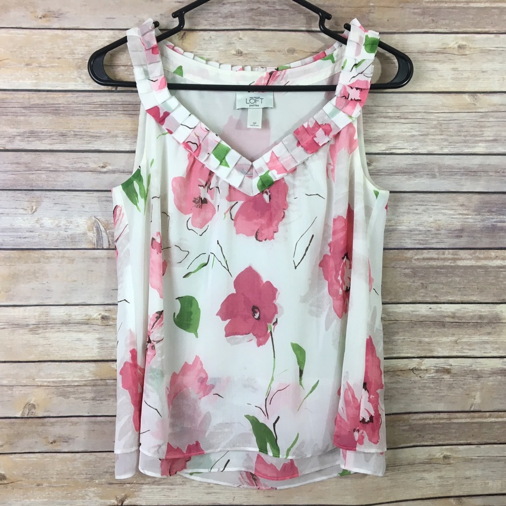 Anne Taylor Loft Petites White Floral Blouse