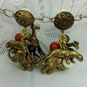 Gold tone Safari Wild Animal Bead Clip on Earrings