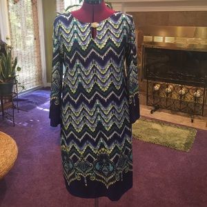 XL shift dress in blue/green:yellow/white