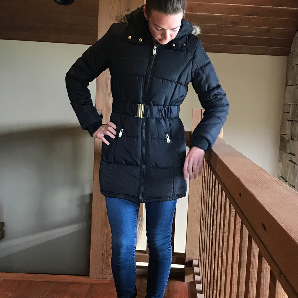 Black Rivet Puffer Jacket with Fur