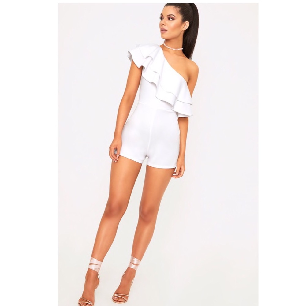 White One Shoulder Frill Detail Jumpsuit..Sz: 8