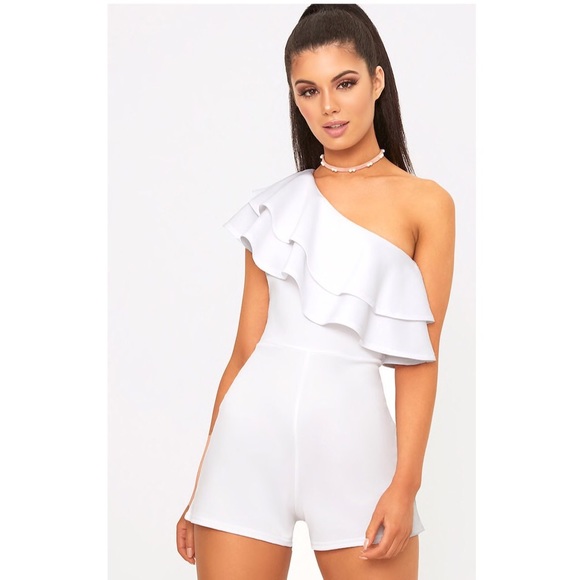 White One Shoulder Frill Detail Jumpsuit..Sz: 8 - Picture 2 of 4