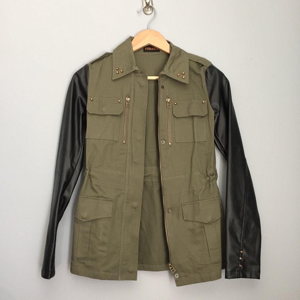 Army Green Jacket with Faux Black Leather Sleeves