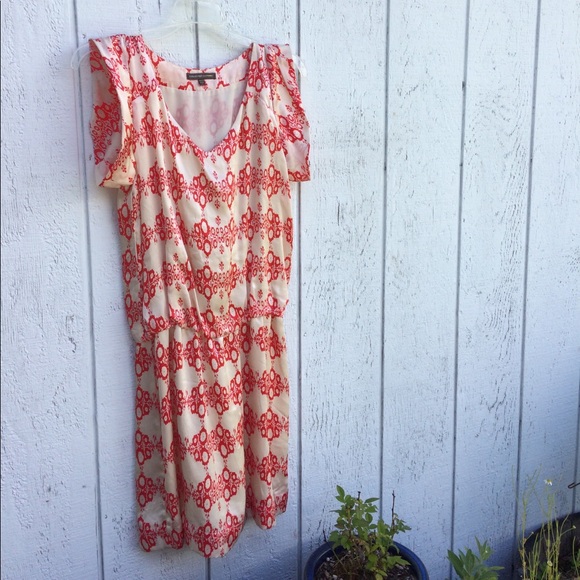 Silk Cream and Coral Red Gathered Waist Dress - Picture 2 of 7