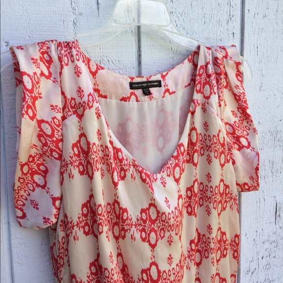 Silk Cream and Coral Red Gathered Waist Dress - Picture 4 of 7