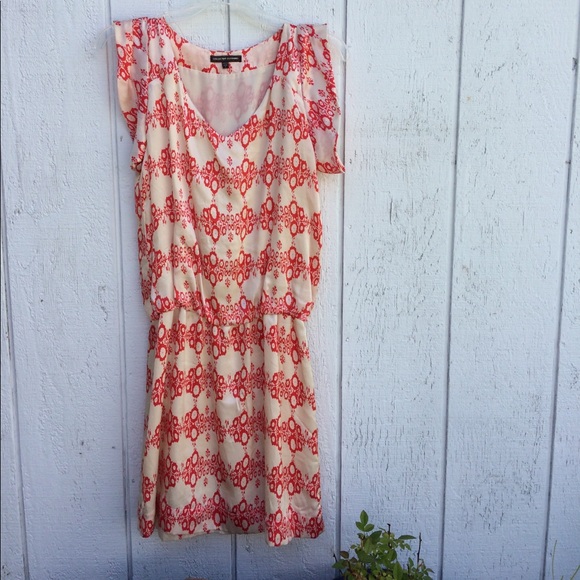Silk Cream and Coral Red Gathered Waist Dress - Picture 5 of 7