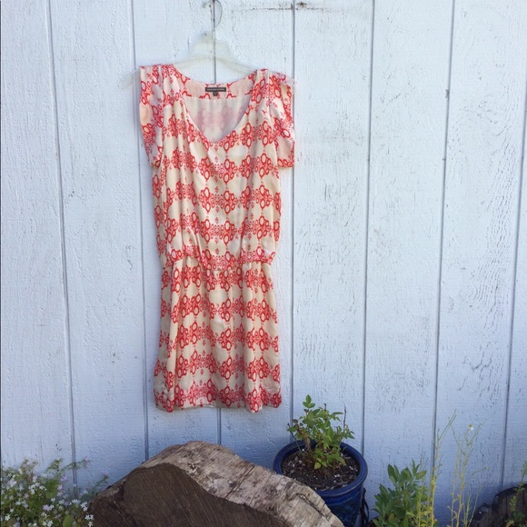 Silk Cream and Coral Red Gathered Waist Dress - Picture 6 of 7