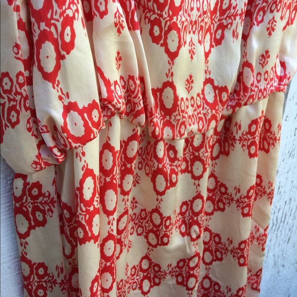 Silk Cream and Coral Red Gathered Waist Dress - Picture 7 of 7