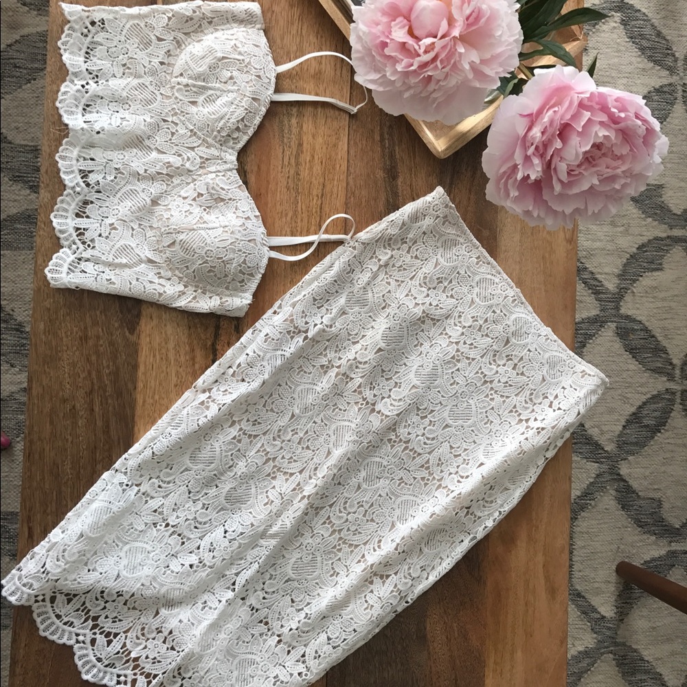White Lace 2 Piece Small Top Medium Midi Skirt